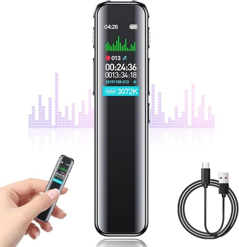 64GB Voice Activated Digital Recorder, 3072Kbps HD Dictaphone with Dual-MIC Noise Reduction, IPS Screen, 100m Range, AI Tech Dictaphone Voice Recorder for Meetings/Lectures/Interviews