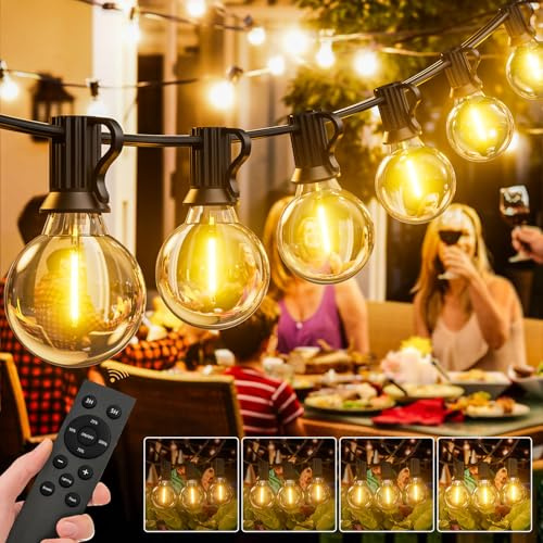 LUCUHM Luces de festón para exteriores de 45 m con control remoto, cadena de luces LED de jardín, alimentadas por red, luz de jardín regulable al aire libre, impermeable, con temporizador para patio