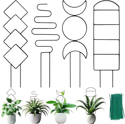 4 Packungen Rankgitter für Kletterpflanzen im Innenbereich, kleines Garten-Metallspalier für Topfpflanzen im Freien, für Weinrebe, Efeu, Blumenpflanzenstütze, 4 verschiedene schwarze Eisenmuster