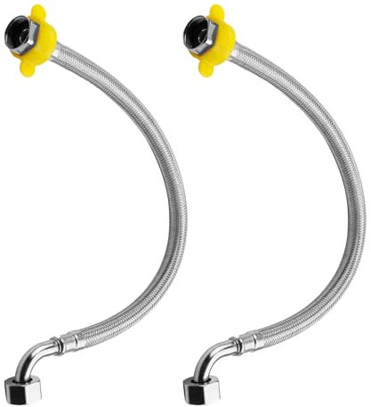 40cm Flexible Pipe British Standard 1/2”(90°) x 1/2” BSP Fitting, Stainless Steel Braided Flexible Hose Pipe for Water Heater Pipes Bathroom Kitchen Toilet Taps (2 Pack)