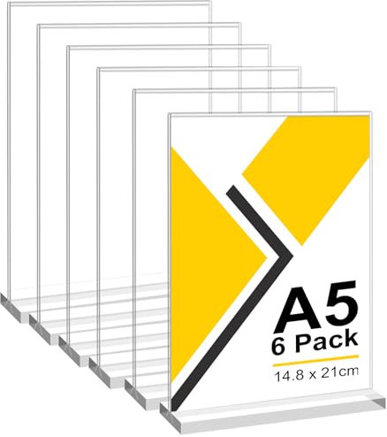 Lot de 6 Porte affiche en Acrylique A5, Forme en T Support Double Face Vertical Transparent, Cadre Photo en Plastique, Affichage de Menu Presentoir pour Réception, Bureau, Magasin, Restaurant, Hôtel