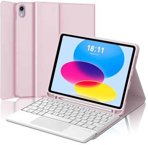 Coque Clavier avec Trackpad pour iPad 10eme Generation 10.9/11eme Generation 2025 A16, AZERTY Clavier avec Pavé Tactile pour iPad 11eme Generation A16 2025, Détachable Clavier avec Porte-Crayon, Rose