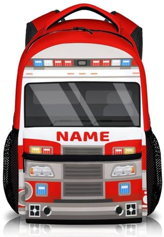 GiftRomance Personalisierter Kinderrucksack mit Namen – Feuerwehr Rucksack für Jungen – Kindergartenrucksack Kinder 3–10 Jahre – Schulrucksack mit Feuerwehrauto-Motiv