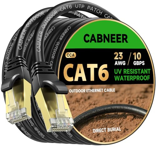 CABNEER Cat 6 Outdoor Ethernet Cable 100M 23AWG LLDPE, Direct Burial UV Weather Resistant Heavy Duty, 10Gbps High Speed Gigabit Internet Network Cable for Garden, CCA UTP with 80 Ties, Black