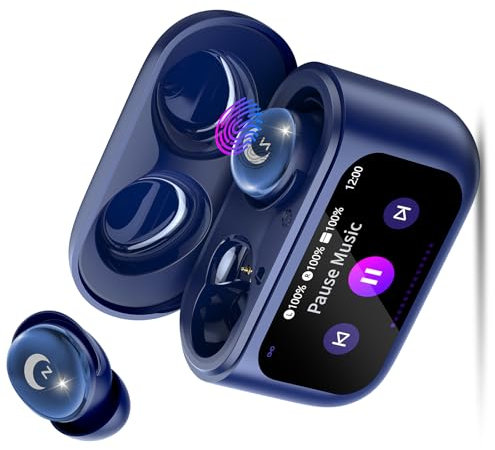Wireless Earbuds with Smart Touch Screen, 2025 Mini Sleep Earbuds Bluetooth 5.4 Headphones In Ear with Noise Cancelling Mics, 48Hrs Bass Stereo Ear Buds, 5 EQ Modes/IPX7 Waterproof Earphones Blue