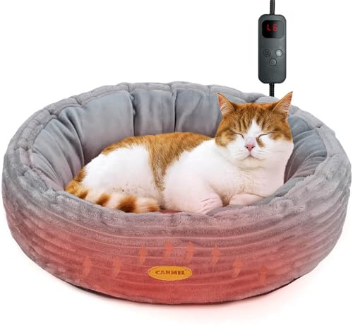 GDGZT Beheiztes Katzenbett, Katzenbett Waschbar für Drinnen, Hundebett Flauschiges mit Heizkissen, Katzendonut für Katzen und kleine Hunde, 50,8 cm Durchmesser, Grau
