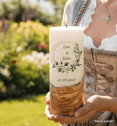 Hochzeitskerze Eukalyptus wild. - Hochzeitskerze mit echten Holz und versiegelte Wachsoberfläche. (Teelicht, D/H = 8 x 25 cm)