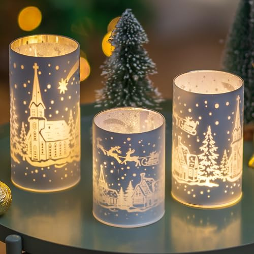 Windlicht Glas für Weihnachtsdeko Innen: Romadedi 3er Set LED Windlichter mit Licht Beleuchtung für Weihnachten Deko Tisch Fensterbank Winterdeko Weihnachtsbeleuchtung