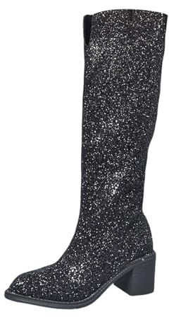 MODSGUE Bottes de Cowgirl pour Femme, avec Strass, Glitzernd, Bottes de Cowgirl, Uni, Bottes Western, Fermeture Éclair Latérale, Talon Large, Bout Pointu, Taille, Noir , 40 EU