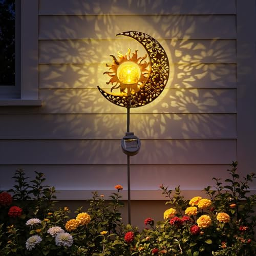 Warmiehomy Luces solares para jardín al aire libre, luz de luna de girasol con bola de vidrio agrietada, luces LED cálidas impermeables para decoración de jardín, patio, césped, camino
