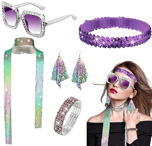 5PCS Glitzer Disco Accessoires, 70er Jahre Disco Zubehör, 70er Jahre Disco Outfit Damen Accessories,mit Strass Sonnenbrille, Pailletten Haarband, Armband, Quaste Ohrringe, Glitzer Schal (Mehrfarbig)