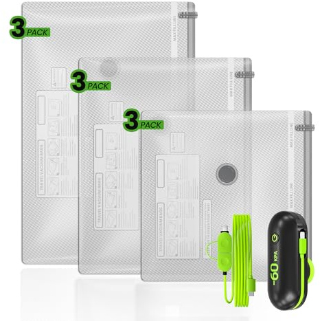 Vakuumpåse set 9-delat med elektrisk USB-pump | 3 storlekar (40x40cm, 40x50cm, 40x60cm) Rymdbesparande för kläder, resor, sängkläder & flytt | Lufttäta förvaringspåsar