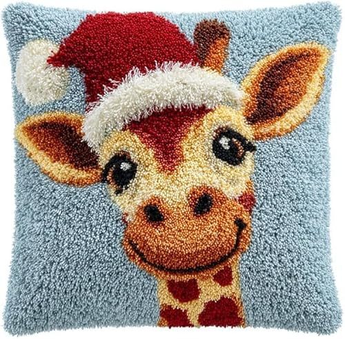 Taxpy 43X43Cm Diy Knüpfkissen Zum Selber Knüpfen Knüpfhaken-Set Giraffe Mit Weihnachtsmütze Süße Tiere，3D-Kissen，Materialien，Paketbezug，Knüpfhaken-Set，Kissen-Stickset，Bastel- Und Heimdekoration