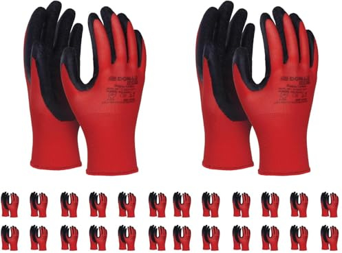 DONAU SAFETY Gants de travail avec revêtement en latex/hommes femmes/taille 09, 12 paires/rouge/noir/gants de montage gants/pour travaux de montage, mécaniciens, service, transport et travaux de
