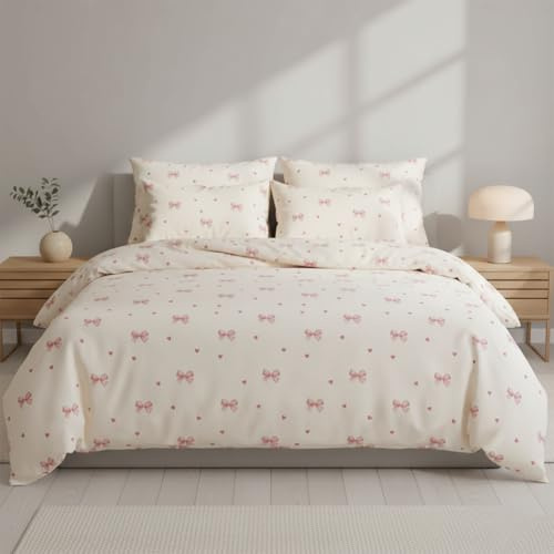 Nayoroom Bettwäsche 135x200 Rosa Schleifen Herzen Mädchen Bettbezug Bettwäsche-Sets 135 x 200 cm mit Kissenbezug 80x80 cm ÖKO-TEX Microfaser Bettwäsche Set mit Reißverschluss Beige