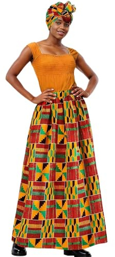 Falda larga para mujer, cintura alta, maxi casual, falda africana, estampado de Ankara, estilo bohemio, naranja, XXL