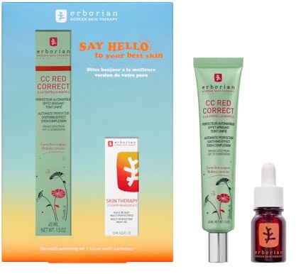 ERBORIAN | Multi-Perfector Duo Box mot rodnad | CC röd correct 45 ml och hudterapi olja natt-serum 10 ml | ansiktsvård dag och natt | För ljus hud benägen att rodnad