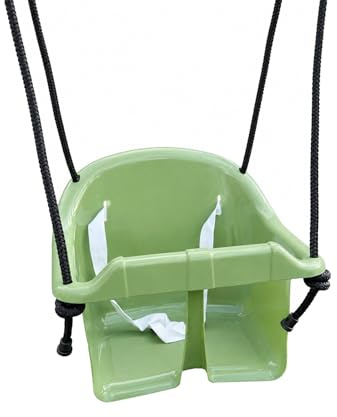 Columpio para bebé con barra de seguridad y correa, color verde pastel, asiento de plástico duro, cuerdas ajustables de altura 135 – 160 cm, resistente a la intemperie, para jardín e interior