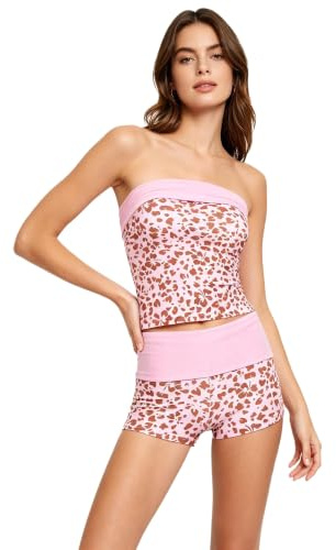 Jhaoyu Dam axelbandslös tankini bandeau tankini baddräkter för kvinnor leopardmönster bandeau badkläder baddräkt axelbandslös semester, ROSA, L