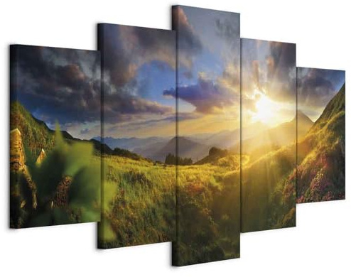 B&D XXL - Leinwandbild Gebirge Wiese, 225x112 cm, 5-teilig, Schlafzimmer | Hochwertige Leinwand, sofort aufhängbar, ideal fürs Wohn- oder Schlafzimmer, wasserfest und lichtecht, langlebig, stilvoll
