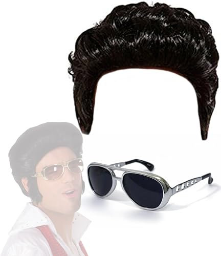 Mega_Jumble Men's Rockstar Fancy Dress Wig & Silver Shades – 80s Pop Icon Costume Accessories for Adults, Halloween, Cosplay & Party Outfit Set