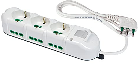 FANTON 42122 Multipresa TRIAX 3 prese bipasso schuko 16A in testa - 6 prese bipasso italiane laterali - cavo 1,5m. spina a squadra italiana 16A + int. luminoso - Bianco