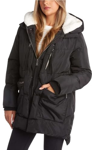 Steve Madden womens Steve Madden Women's Puffer Parka Jacket Down Alternative Coat, Black Two, Medium US