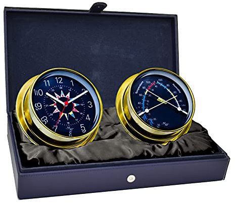 MASTER-MARINER Blue Mariner Collection, Nautical Cabin Gift Set, 5.75” Diameter Clock and Comfort Meter Instruments, Gold Finish, Blue Signal Flag dial
