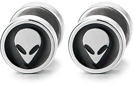 8MM Acier Alien Crâne Cercle Boucles d'oreilles avec Noir Email - Homme Femme Bouchon Jauge Faux Cheater Fake Gauge Plug