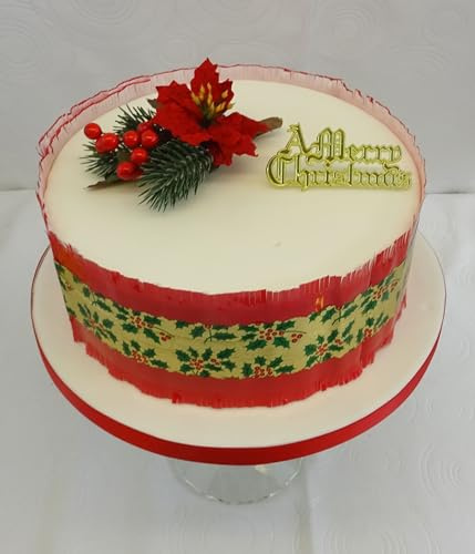 Christmas Cake Decoration Poinsettia & Motto 1 Metre Red with Gold Holly Berry Foil Band Cake Topper Decoration Packs The Complete Cake Set