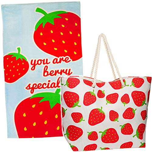 alles-meine.de GmbH Set: XL große Strandtasche Reisetasche + Badetuch - Erdbeere - inkl. Name - Tasche wasserdicht - Einkaufstasche/Shopper/Tragetasche/Schultertasche - Erw..