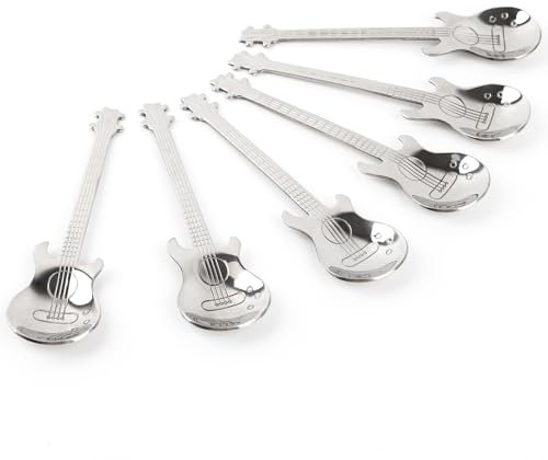 AUEAR, 6 Stück Gitarren-Dessertlöffel aus Edelstahl, Kaffeelöffel, Demitasse, Espressolöffel, Musiklöffel, Teelöffel zum Rühren von Getränken, Mixen, Milchshake, Marmelade, Eiscreme, Tee, Kuchen
