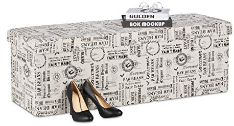 Relaxdays Banco Almacenaje, Plegable, Acolchado, Diseño Inspirado en el Café, 130 L, Baúl Almacenamiento, Beige/Negro, Poliéster, 38,5 x 114 x 37,5 cm