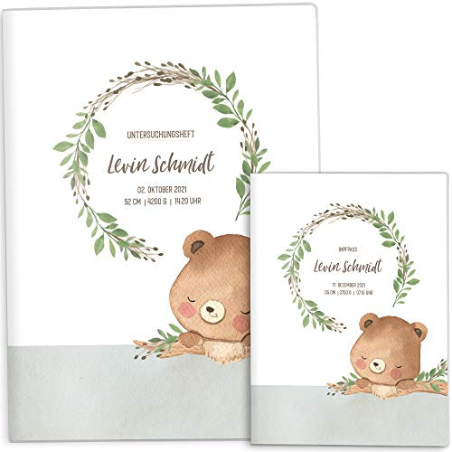 OLGS U-Heft und Impfpasshüllen Set | Cute Forest Bär | Hochwertige Hüllen für Untersuchungsheft & Impfpass | Schöne Geschenkidee personalisierbar mit Namen und Geburtsdatum (U-Heft Set personalisiert)