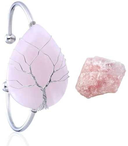 Halukakah Naturstein Kristallarmband - LUNARLIEBE - Handgefertigt Plattiert mit Platin Wickeldraht Lebensbaum, Rosenquarz Tautropfen Form Anhänger Größenverstellbar