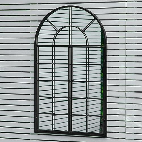 Woodside Balham XL Decorative Outdoor Garden Arched Mirror, Black Rustic Metal, Height: 115cm x Width: 70cm