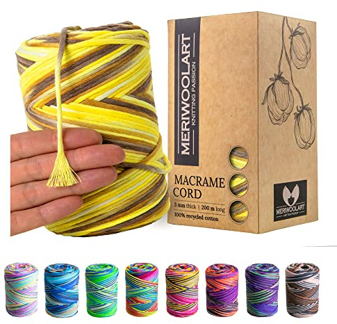 MeriWoolArt® Premium Makramee Garn - Baumwollgarn 3mm x 200m - Super weiches Garn, einfach gedrehte Schnur - Öko-Tex 100% recyceltes Baumwolle für DIY Boho Deko Handwerk