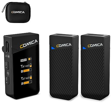 COMICA Vimo C2 Microfono Lavalier Wireless con Cancellazione del Rumore e Modalità di Sicurezza, Doppio Microfono Wireless 2.4G per Fotocamere DSLR Videocamera PC Android Live Streaming-2TX+1RX