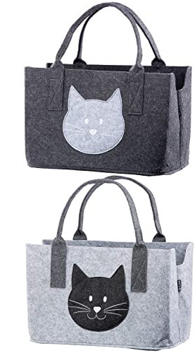 GMD Living 2er Set Filztasche mit Katzenmotiv in hellgrau & dunkelgrau