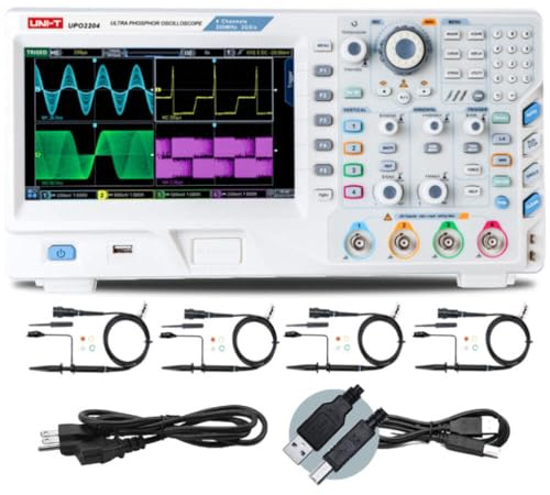 UNI-T Osciloscopio digital de fósforo UPO2204 con 4 canales, 2 GSa/s, 200 MHz, 56 Mpts