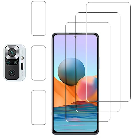 Vsjnk Protector de Pantalla Compatible Con Xiaomi Redmi Note 10 Pro/Note 10 Pro Max Cristal Templado，3 Piezas Screen Protector 3 Piezas Protector de Lente de Cámara Dureza 9H Fácil de Instalar