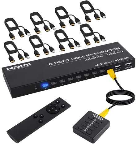 8 Puertos 4K@60Hz Conmutador KVM HDMI de 8 Entradas y 1 Salida, 8 PC Conmutador USB KVM para 8 Ordenadores que Comparten 1 Monitor 4 Dispositivos USB de Teclado y ratón