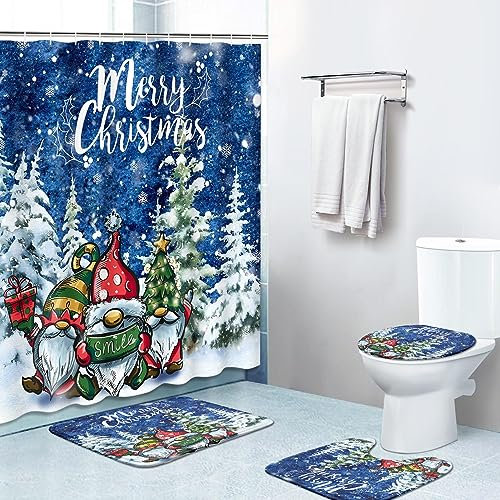 Bribay 4-teiliges Duschvorhang-Set, Winter-Schnee, Weihnachten, Zwerg, Baum, grün, mit rutschfesten Teppichen, WC-Deckelbezug und Badematte, für Badezimmer-Dekor-Set, 182,9 x 182,9 cm
