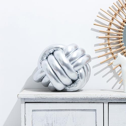 PTKG Weiche Knoten-Kugelkissen, Handgefertigtes Geknotetes Kugel-Wurfkissen, Gewebtes Rundes Kissen, Goldenes Knotenkissen, Plüsch-Wurfkissen für Zuhause, Zimmer, Sofa,Silber,27cm