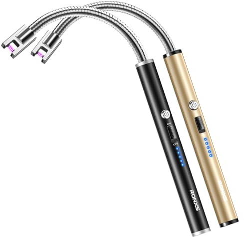 RONXS Stabfeuerzeug Elektrisch, Feuerzeug Langer Hals Typ C Aufladbar, 2PCS | Lichtbogen ohne Gas und ohne Flamme, winddicht, Sicherheitsschloss, Akkuanzeige, Kerzenanzünder für Küche Grill Kamin