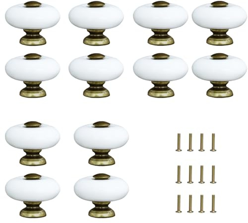 AUXBC 12 runde Keramikknäufe, antikes Messing und Keramik, Schrankknäufe, weiße Möbelknöpfe, Einloch-Schubladengriff für Schublade, Schrank, Kommode, Schrank, Tür, Küche mit Schrauben