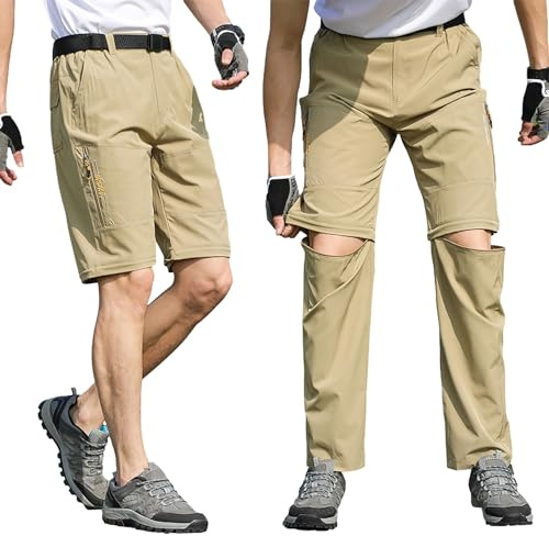 aromm Hombre Pantalones de Senderismo al Aire Libre Cremallera Convertible Respirable Pantalones Cortos para Caminar Caqui con Bolsillos, XL