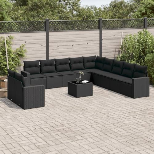 ULUYYUC 12-TLG. Garten-Sofagarnitur, Schlafsofa Eckbank Eckbankgruppe Gästebett Geeignet für Hinterhof Balkon Garten Außenbereich mit Kissen Schwarz Poly Rattan