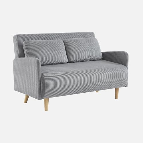 Skandinavisches 2-Sitzer-Sofa mit hellgrauem Cordbezug, Holzfüßen und verstellbarer Rückenlehne - Panam