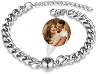 PiercingJak Bild Projektion Armband mit Foto im Stein Damen Herren Armkette 7mm Breit Panzerkette Edelstahl Armreif Personalisierte Geschenke für Mann Frauen, Motive 100 Sprachen Ich Liebe Dich